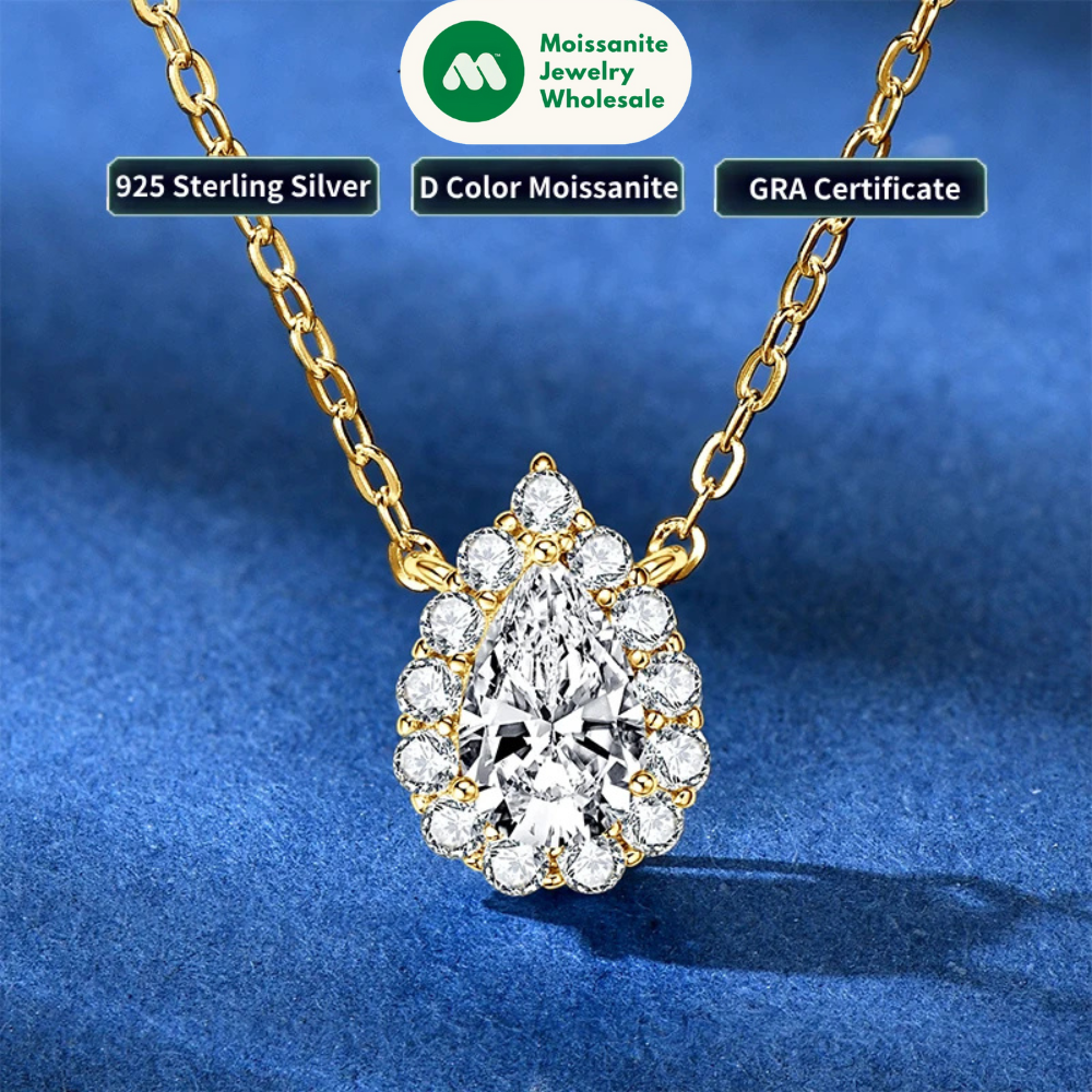 S925 Teardrop Necklace 1.0CT Pear Cut D Moissanite Pendant Necklaces for Women 925 Silver Adjustable Chain GRA Certified Jewelry