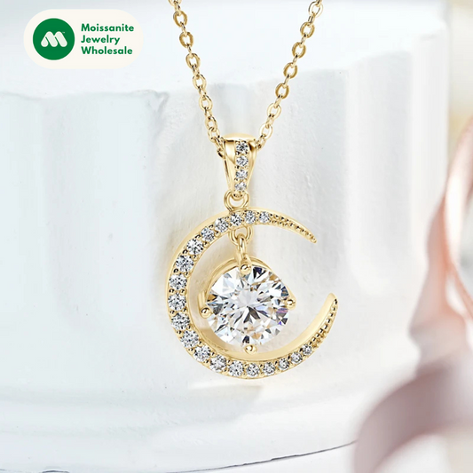 8mm 2.0CT Moissanite Sun Crescent Pendant Necklaces For Women 925 Silver Adjustable Chain Charm GRA Certified Jewelry Gift