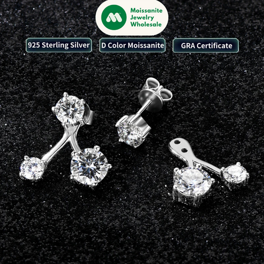 2024 New D1.80CT Moissanite Stud Earrings Three Stones Ear Jacket for Women 925 Sterling Silver Earring Dual Use Jewelry Gift