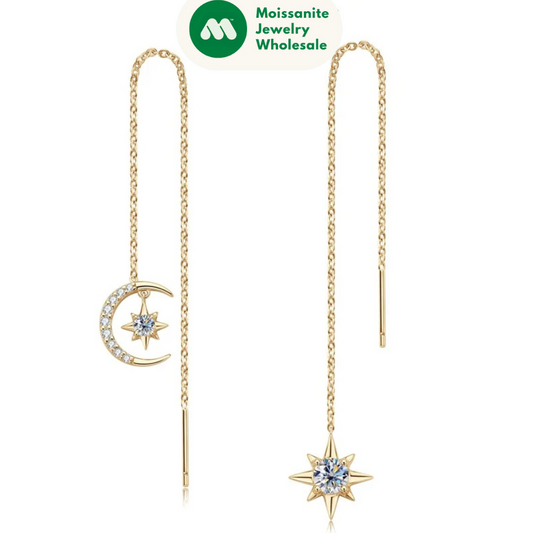 Moissanite Drop Earrings Asymmetry Star Moon Chain Ear Thread Threader 925 Sterling Silver for Women Jewelry Gift 12.5cm
