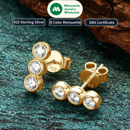 New Studs Earrings for Women 925 Sterling Silver Bezel Setting 3mm Real Moissanite Earrings Three Stone Piercing Jewelry Gifts