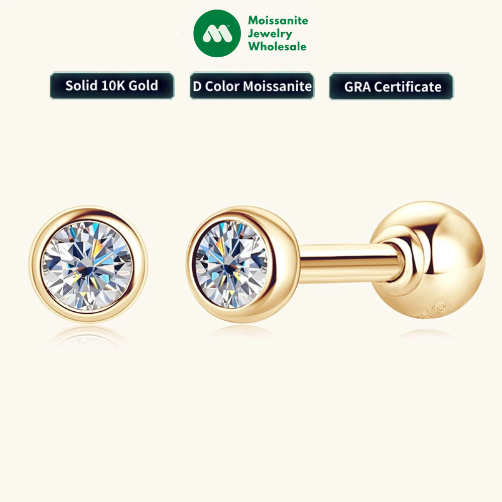 10K Real Gold 2.1mm D Moissanite Studs Mini Earrings Yellow Gold Simple Wedding Jewelry for Women Men Couple Bezel Lab Diamond