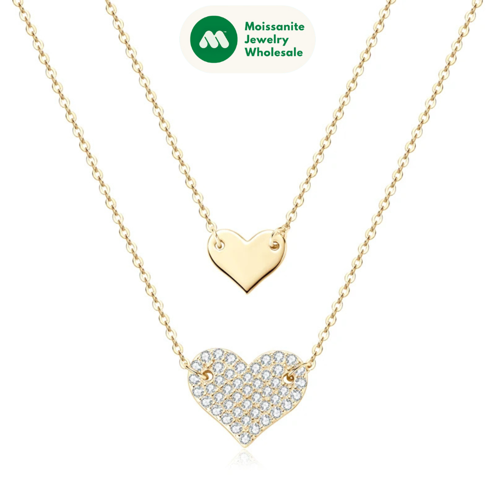 Double Layers Heart Love Necklace 925 Sterling Silver Pave Setting Round Cut Moissanite Necklace