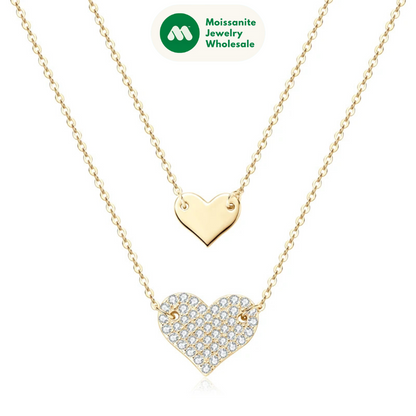 Double Layers Heart Love Necklace 925 Sterling Silver Pave Setting Round Cut Moissanite Necklace