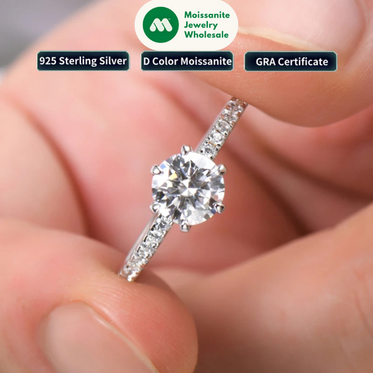 100% 925 Silver 1CT 6.5mm Round Moissanite Wedding Rings Engagement Promise Finger Ring GRA Certified Jewelry For Women