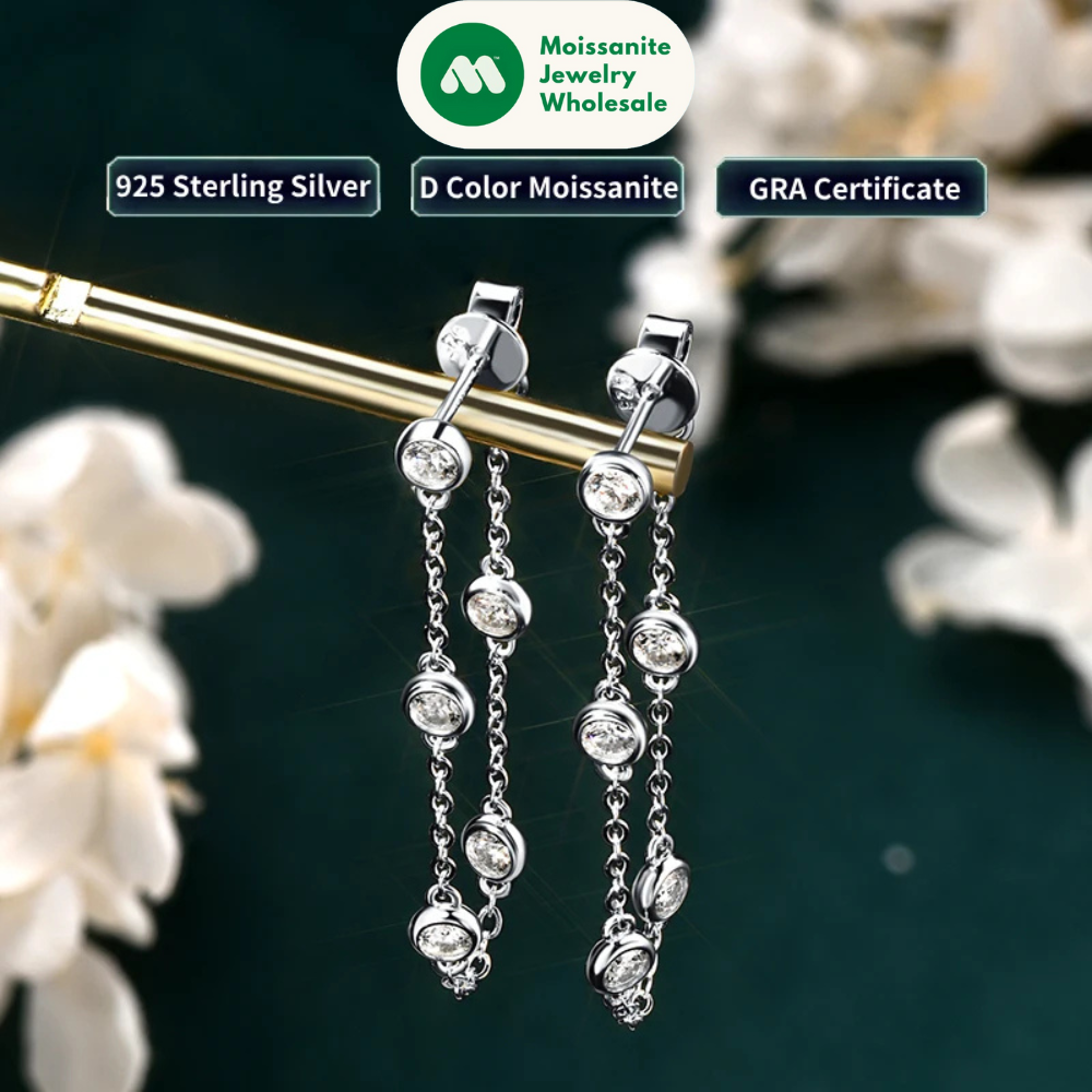 925 Sterling Silver Earrings Bezel Moissanite Long Tassel Chain Drop Earring for Women Trendy Fine Jewelry Christmas Gifts