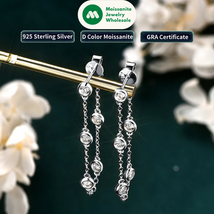 925 Sterling Silver Earrings Bezel Moissanite Long Tassel Chain Drop Earring for Women Trendy Fine Jewelry Christmas Gifts