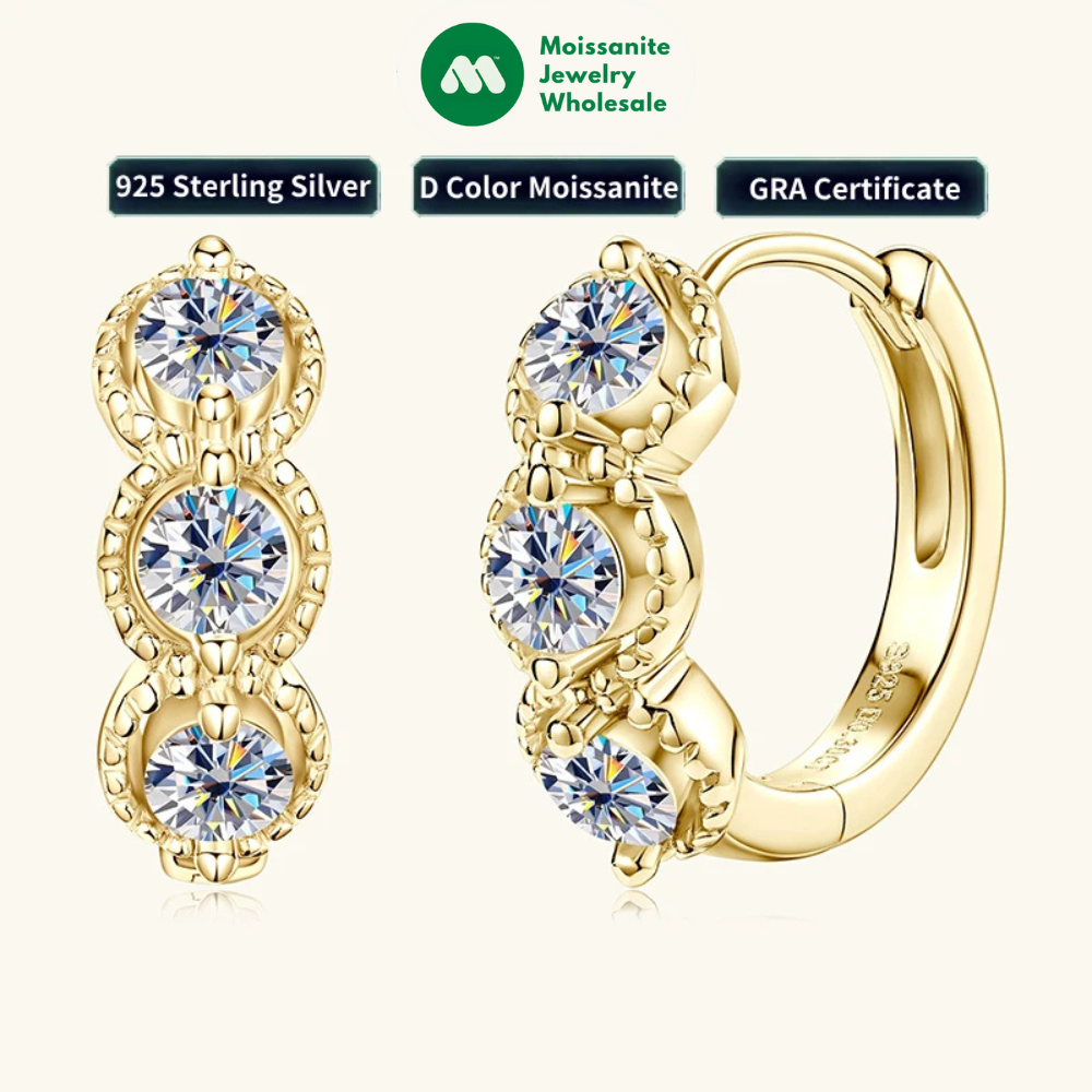 2025 New 3mm Round Moissanite Three Stone Hoop Earrings Real 925 Sterling Silver Earrings Jewelry Valentine's Day Gift for Women