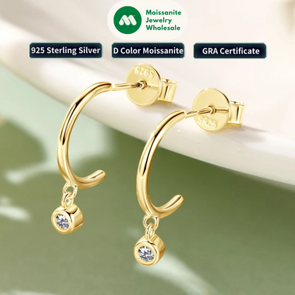 Bezel 2mm Moissanite Drop Studs Earrings 925 Silver C-shaped Earrings Cuff for Women Girl Simple Daily Ear Jewelry Gifts