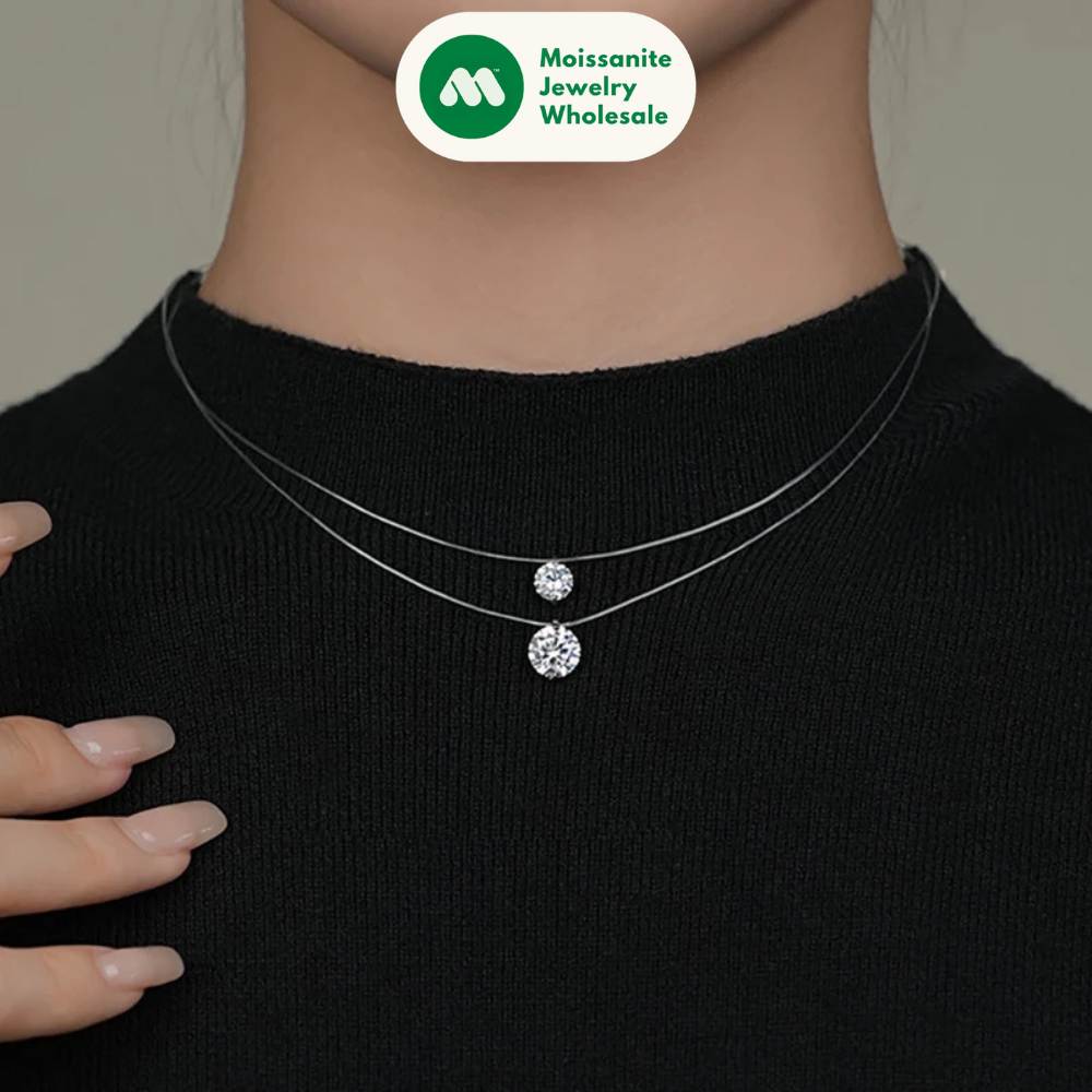 925 Silver 8mm 2ct Moissanite Pendant Necklace for Women Jewelry Adjustable Invisible Fish Line Chain Collar 1ct 0.5ct Diamond