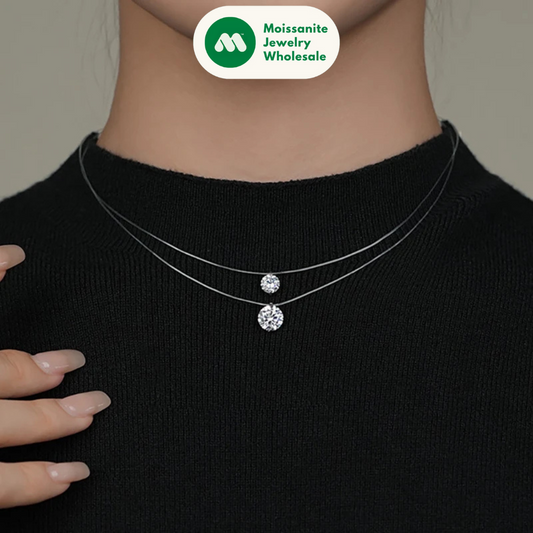 925 Silver 8mm 2ct Moissanite Pendant Necklace for Women Jewelry Adjustable Invisible Fish Line Chain Collar 1ct 0.5ct Diamond