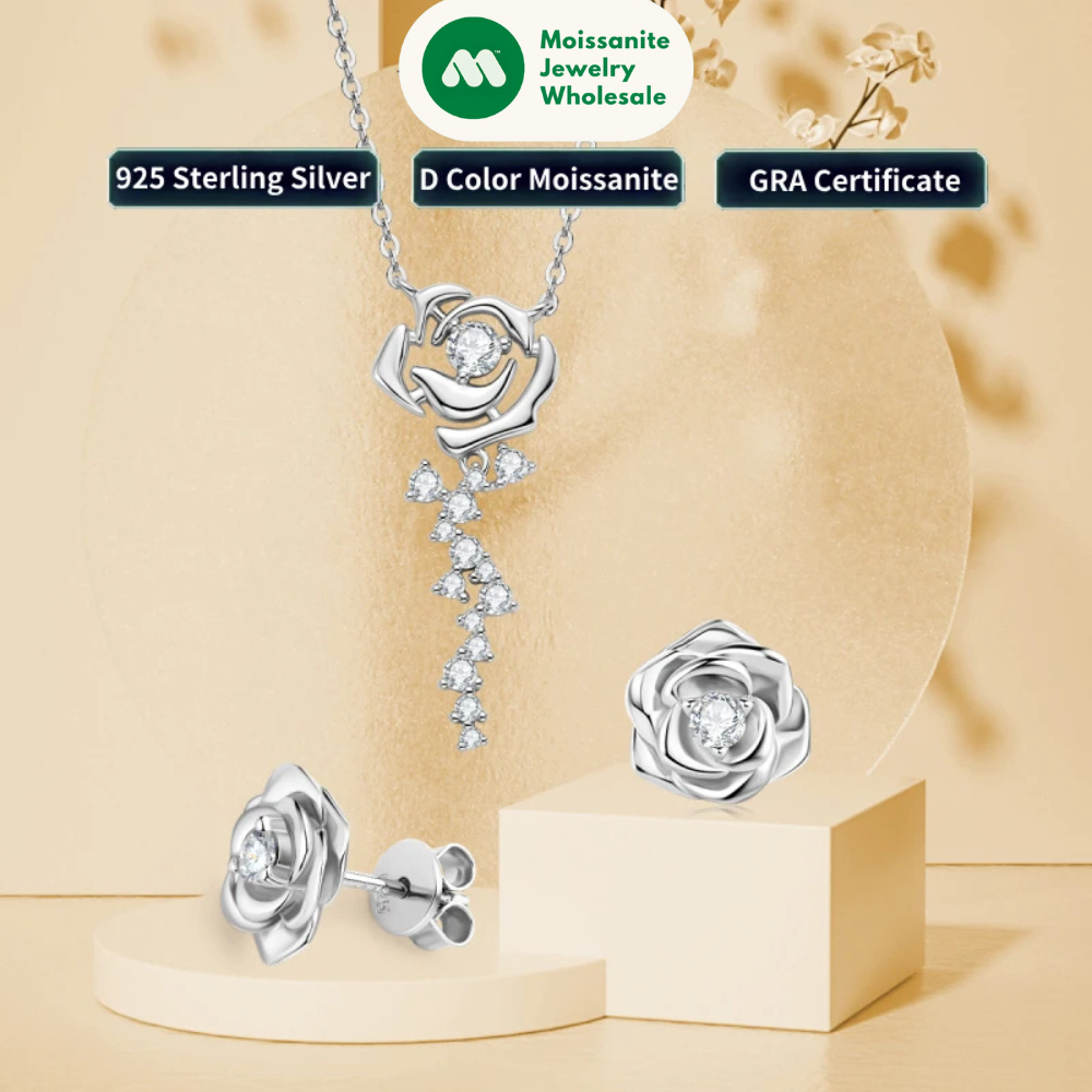 100% 925 Sterling Silver Rose Flower Jewelry Set D Color Round Cut Moissanite Earrings Pendant Necklace for Women Gifts