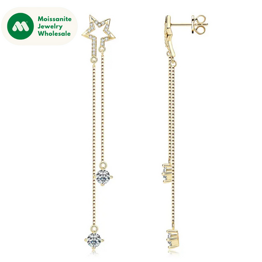 4mm D Moissanite Star Tassel Drop Stud Earrings for Women Long Chain Dangle Earrings 925 Silver GRA Certified Fine Jewelry