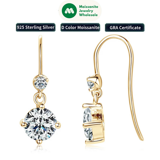 Hook Earrings Real 925 Silver 6.5mm 1ct Round Moissanite Drop Dangle Earring GRA Certified Wedding Jewelry for Women Gift