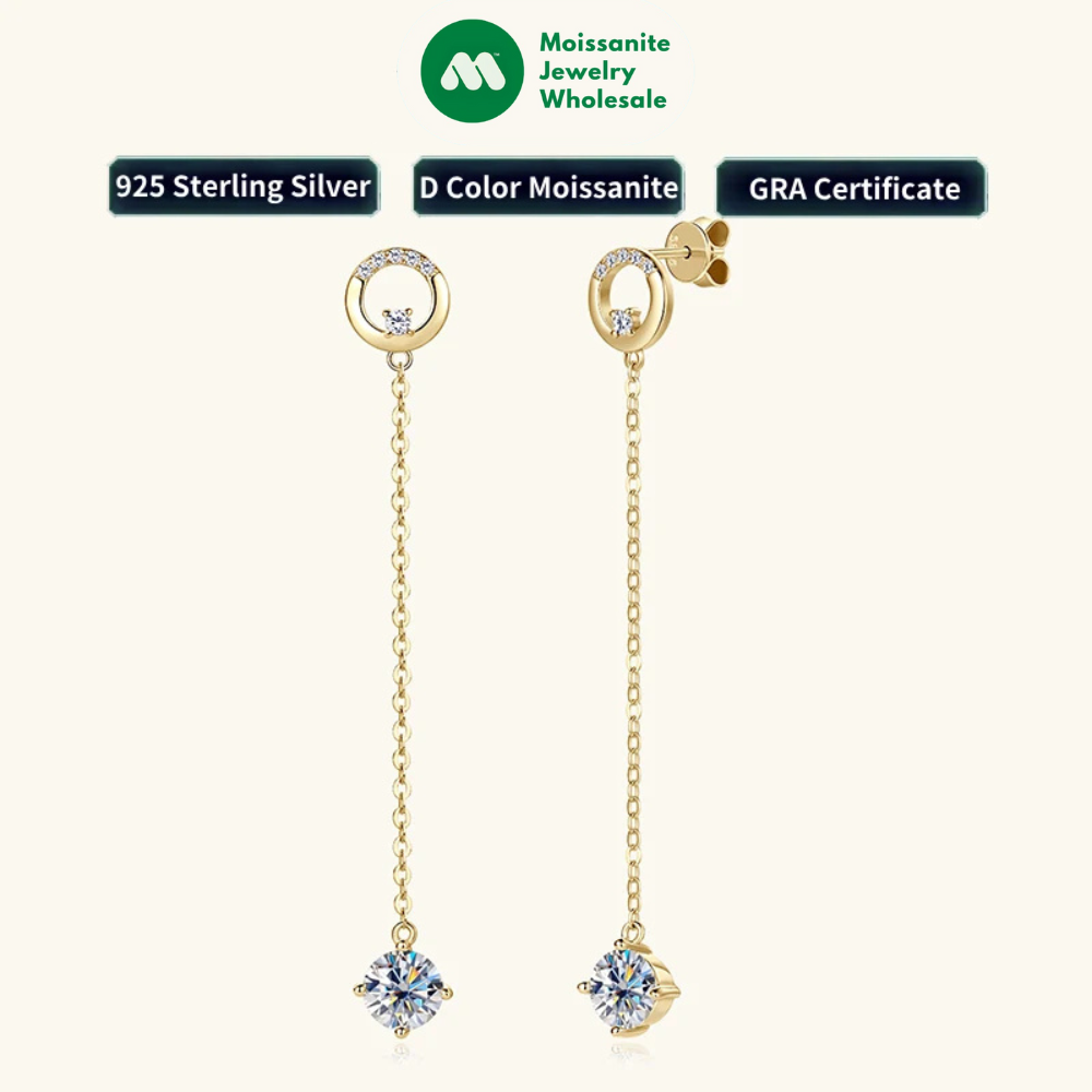 6.5mm 1.0ct D Moissanite Drop Earrings for Women 925 Silver Circle Stud Long Chain Dangle Earrings GRA Certified Jewelry