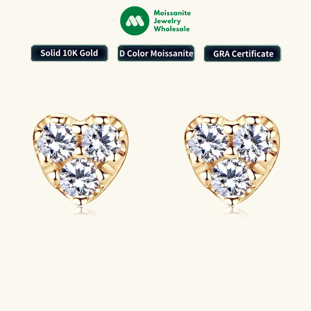 Solid 10K Yellow Gold Moissanite Earrings for Women Super Mini Heart Studs Earrings Piercing Ear Wedding Engagement Jewelry Gift