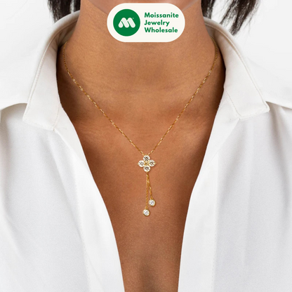 D1.40CT Moissanite Four Leaf Clover Pendant Necklace 100% 925 Silver Long Tassel Hanging Necklaces for Woman Charm Jewelry Gift