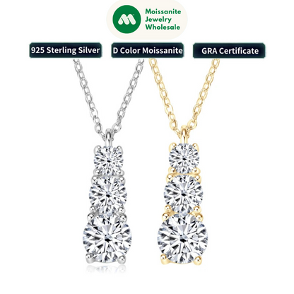 925 Silver Women's Necklace 1.80CTW.3 Stones D Color Round Moissanite Pendant Necklaces with Certificate Jewelry 18K Gold Plated