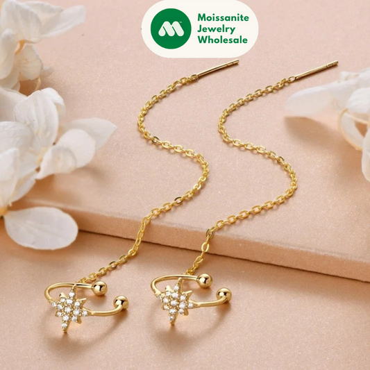 Moissanite Star Ear Line Cuff Crawler Climber Earrings for Women 925 Silver Long Chain Threader Earring GRA Jewelry Gifts