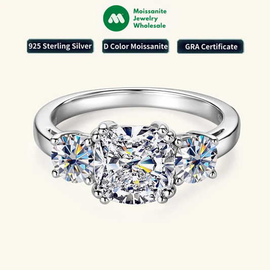 3.5CTTW. Cushion & Round Moissanite Ring 925 Silver 3 Stone Engagement Wedding Promise Rings For Women Finger Jewelry GRA