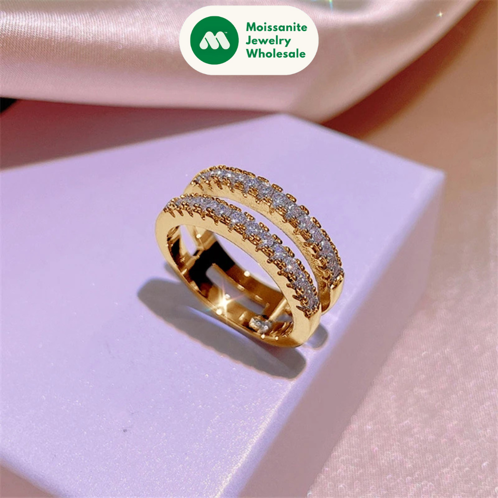 Yellow Gold Plated Rings Real 925 Silver D Color VVS1 Moissanite Ring Double Row Engagement Wedding Bands For Women Jewelry Gift