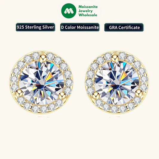 Classic 2CT 1CT 0.5CT D Moissanite Round Stud Earrings for Women Men 925 Silver 3 Claw Sparking Lab Diamond Certified Fine Jewel