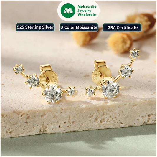 18K Gold Plated 925 Silver  D0.56CT Round VVS1 Moissanite Curved Stud Earrings Piercing for Women Men Gift 2024 New Jewel