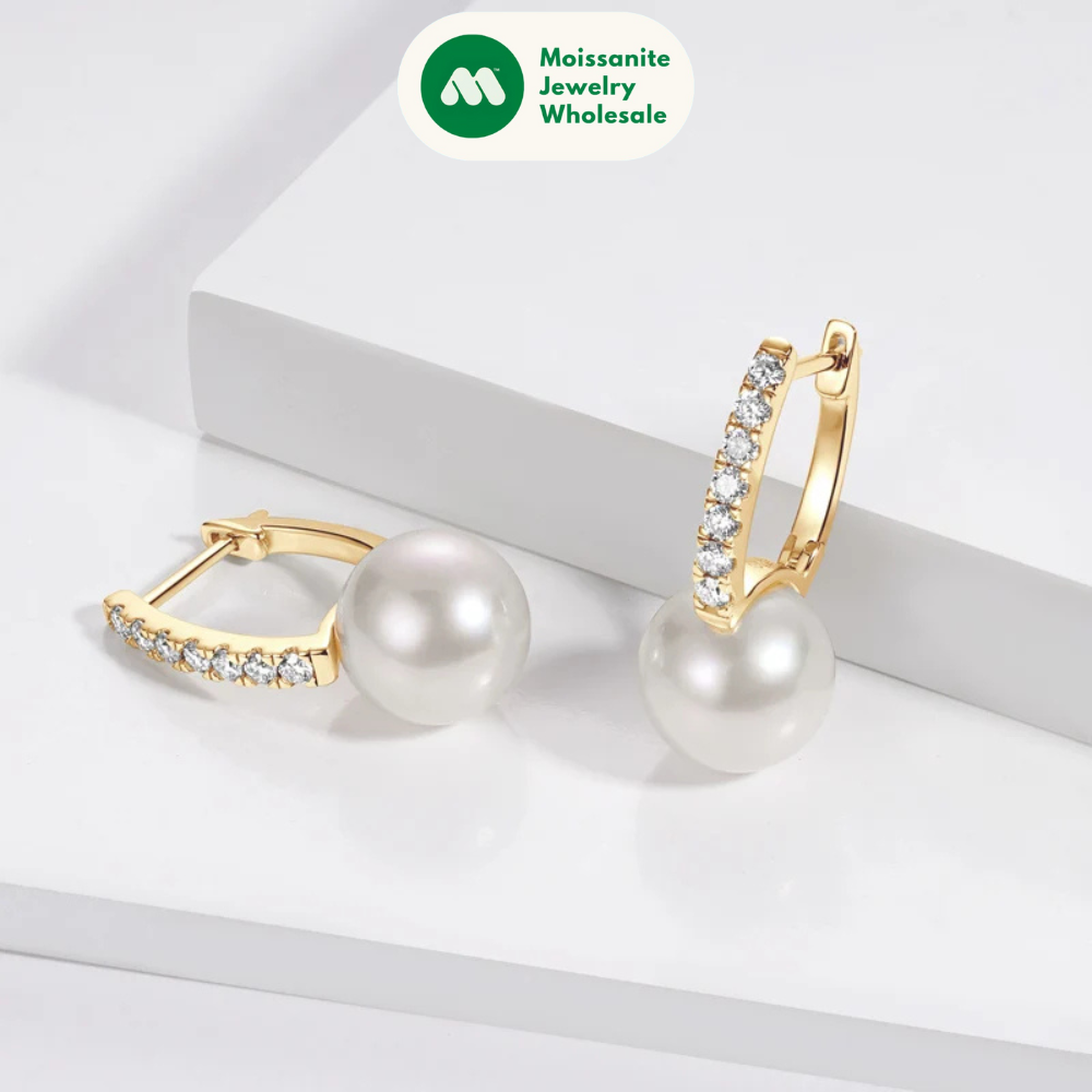 Real 925 Sterling Silver Hoops for Women 10mm Natural Freshwater Pearl Drop Earrings with 1.8mm Moissanite Diamond Jewelry Gifts
