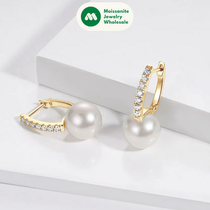 Real 925 Sterling Silver Hoops for Women 10mm Natural Freshwater Pearl Drop Earrings with 1.8mm Moissanite Diamond Jewelry Gifts