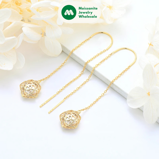 Elegant Drop Ear Line Long Hanging Tassel Earrings for Women 925 Sterling Silver Rose Flower Certified Moissanite Jewelry
