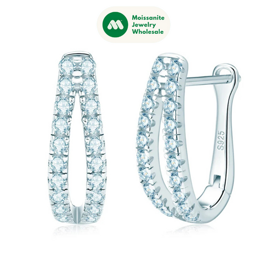 925 Sterling Silver Pavé Moissanite U Shape Hoop Earrings Round Cut 1.5mm(0.015ct*40pcs) Double Row Earring for Girl Women