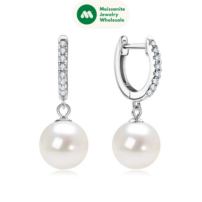 Genuine 925 Sterling Silver Moissanite Hoop Earrings 9-10mm Freshwater Pearl Drop Earring Wedding Jewelry for Women Gifts