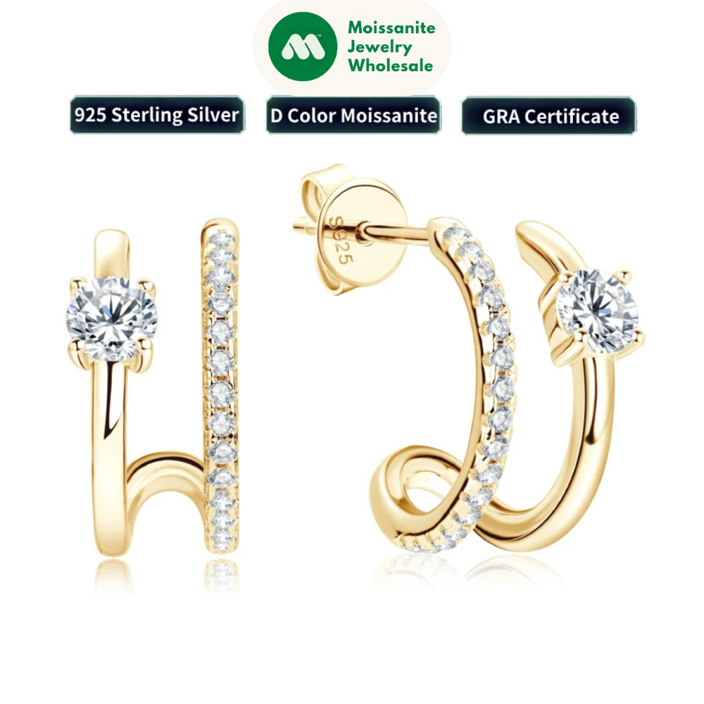NEW 4mm Moissanite Piercing Stud Ear Cuffs 925 Sterling Silver Double Side Hoop Earrings for Women Illusion Jewelry Gifts