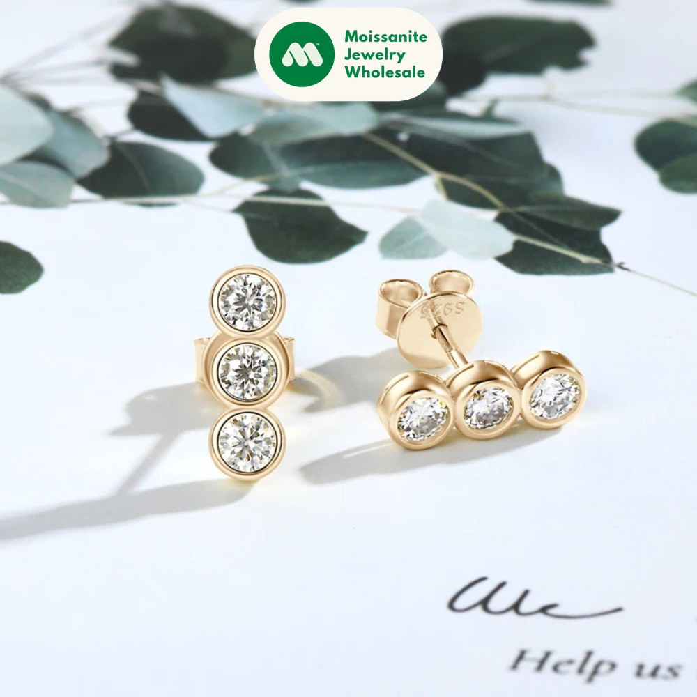 Three Stone Moissanite Earrings Studs for Women 925 Sterling Silver Earrings Trendy Bezel Setting Jewelry Valentine's Gift
