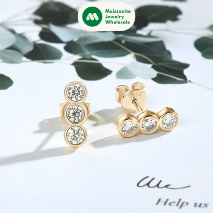 Three Stone Moissanite Earrings Studs for Women 925 Sterling Silver Earrings Trendy Bezel Setting Jewelry Valentine's Gift