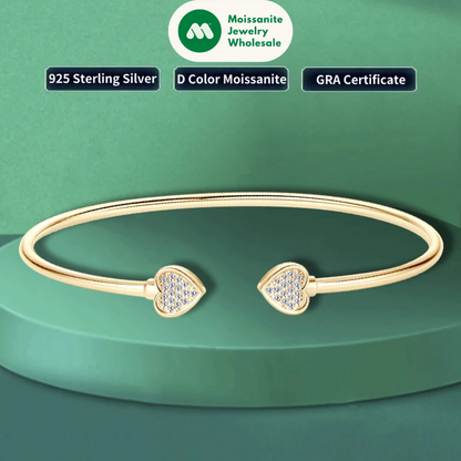 Love Heart Moissanite Cuff Bangle 925 Silver for Women Certified Simple Charm Open Bracelet Jewelry 18k Gold Plated Gifts
