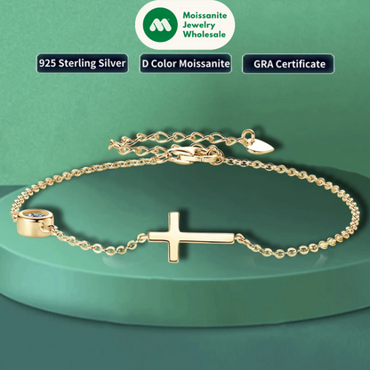 100% 925 Sterling Silver Cross Bracelet with 4mm Bezel Moissanite Diamond for Women Men Fine Jewelry Gift Adjustable Chain