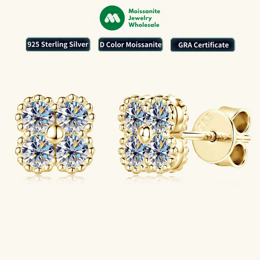2025 Trendy Four Clover Moissanite Stud Earrings 925 Sterling Silver Flower Piercing Ear Jewelry for Women 3mm Lab Diamond Gifts
