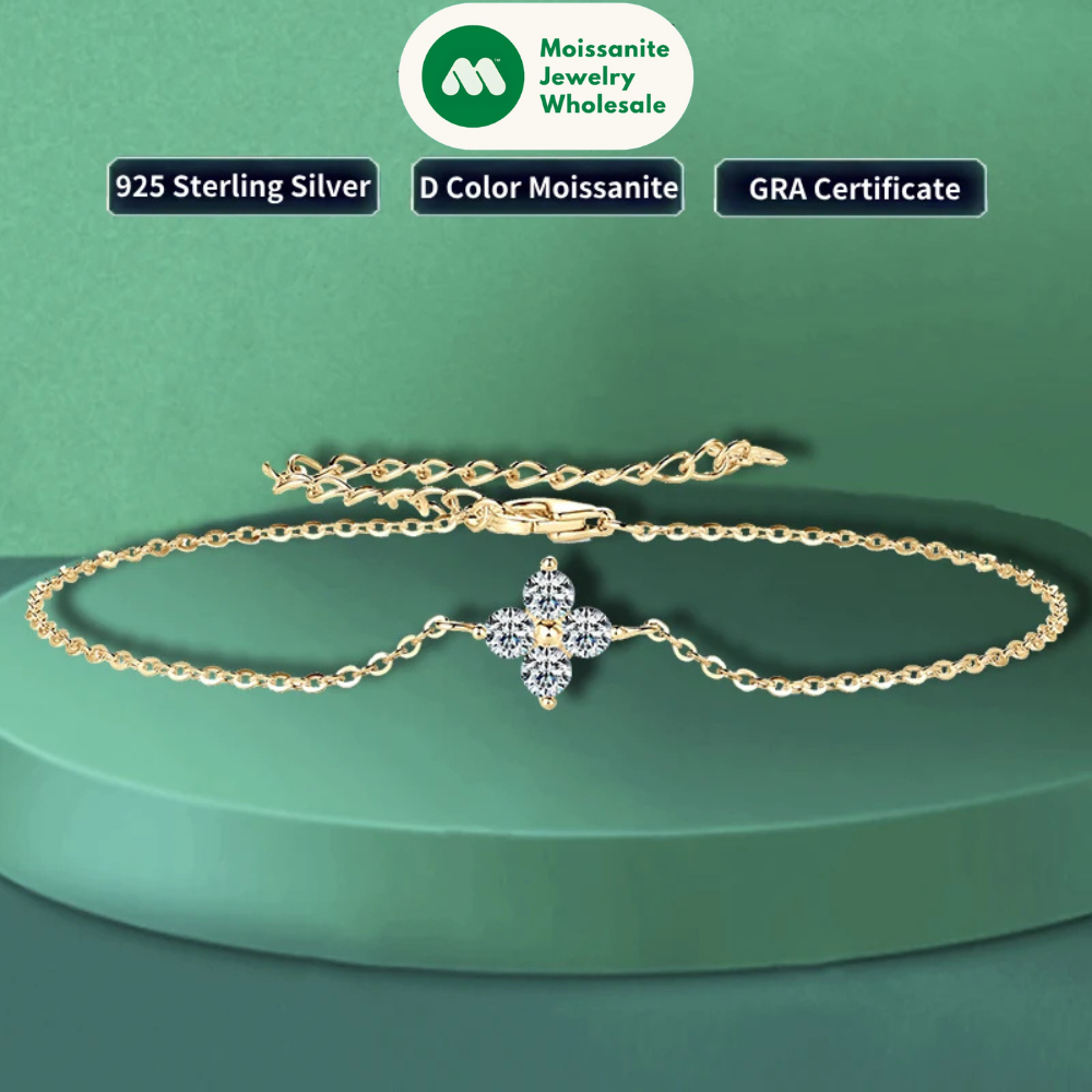 Lucky Four Leaf Clover Moissanite Bracelet 925 Silver for Women Certified D Color Simple Charm Jewelry 18k Gold Plated