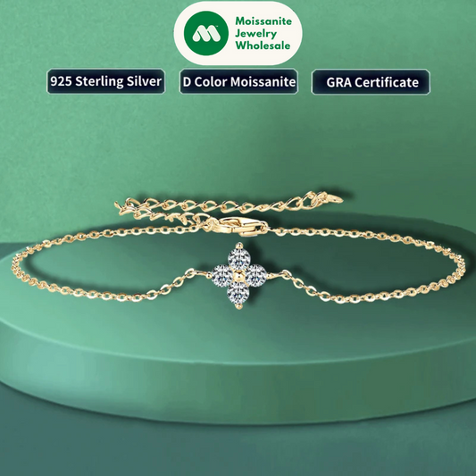Lucky Four Leaf Clover Moissanite Bracelet 925 Silver for Women Certified D Color Simple Charm Jewelry 18k Gold Plated