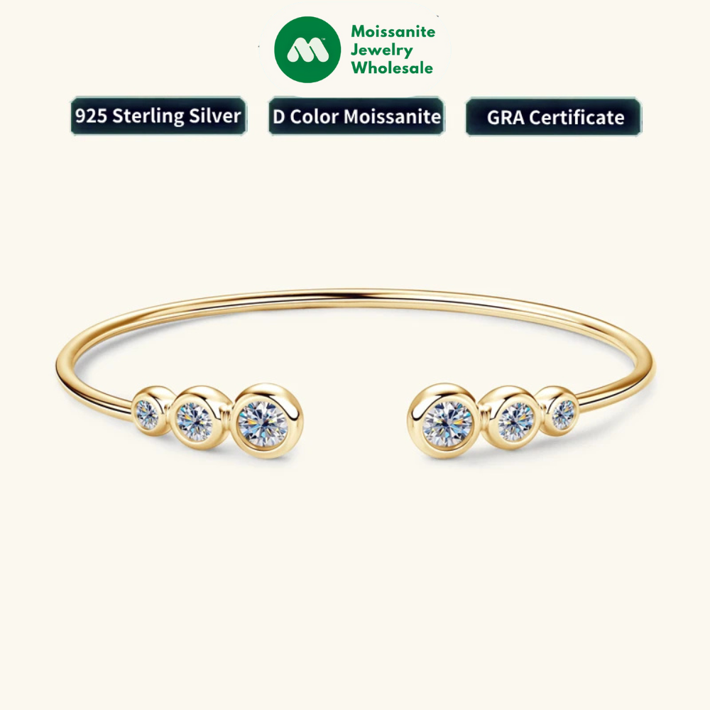 Simple Open Ended Bracelets Cuff Silver 925 D Color Moissanite Bracelet Bangle for Women Luxury Gold Plated Charm Jewelry