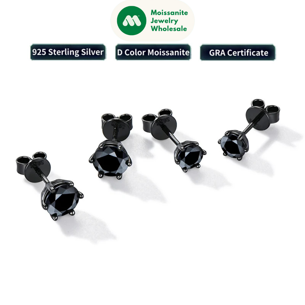 6.5MM 2CTW. Black Moissanite Stud Earrings For Women and Men 925 Silver Black Earrings 0.5ct 1ct Round Cut Lab Diamond 5mm