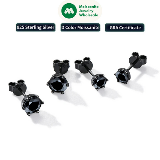 6.5MM 2CTW. Black Moissanite Stud Earrings For Women and Men 925 Silver Black Earrings 0.5ct 1ct Round Cut Lab Diamond 5mm
