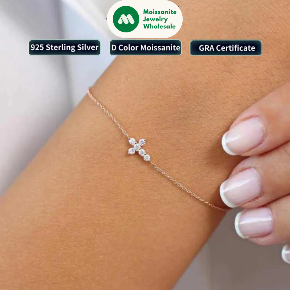 925 Sterling Silver Cross Bracelet Certified 2.5mm D Color Moissanite Bracelet for Women Men Jewelry Adjustable Chain Gift