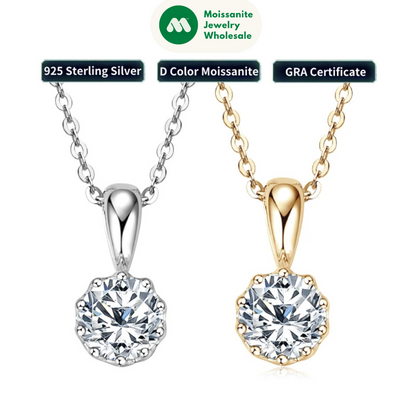 Crown Pendant Necklace 100% Real Silver 925 Chain Round 1CT VVS1 Moissanite Necklace for Women Charm Gift Birthday Jewelry