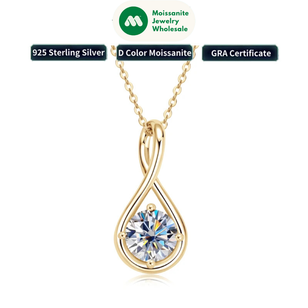 18K Gold Plated Solitaire Round 8mm 2ct Moissanite Infinity Pendant Necklace 925 Sterling Silver Women Teardrop D Color Diamond