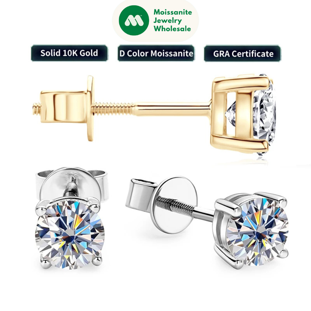 Solid 10K Gold Stud Earrings D Color Moissanite Piercing Earrings 2ct Certified Yellow White Gold Jewelry for Men Women 1.2ct