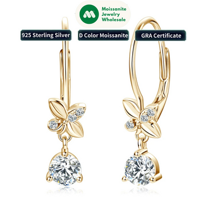 2024 Trend Real 925 Silver 5mm Round Moissanite Drop Clip Earrings  for Women Four-leaf Clover Valentine Wedding  Jewelry Gift