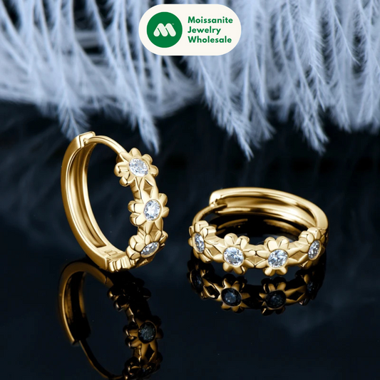18K Yellow Gold Plated Women's Earrings Delicate Flower Hoops 2.2mm Real Moissanite 925 Silver Certified Jewelry Wedding