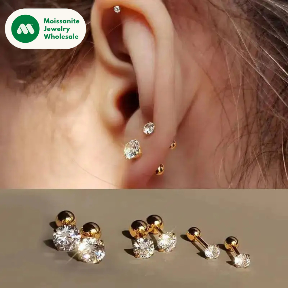 Real 925 Sterling Silver 0.3CT 0.5CT 1.0CT D Color Moissanite 4 Claw Stud Earrings Screw Back Daily Wear Hypoallergenic Jewelry